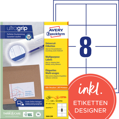 AVERY ZWECKFORM Etiketten 97×67,7mm 3660-200 weiss 1760 Stk./200+20 Blatt