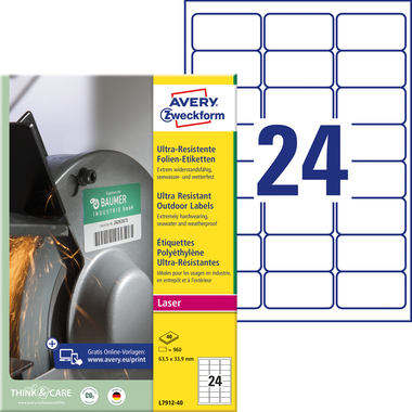 AVERY ZWECKFORM Etiketten 63.5x33.9mm L7912-40 weiss, matt, A4 40 Blatt