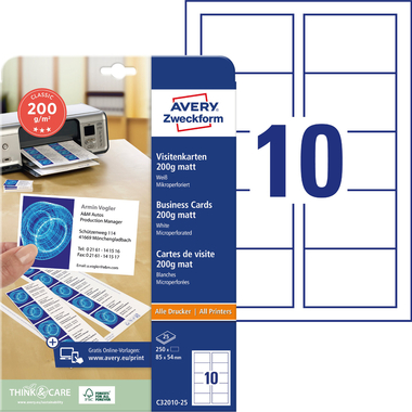 AVERY ZWECKFORM Visitenkarten Design 85x54mm C32010-25 MP, blanko, 200g 250 Stück