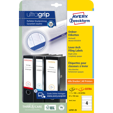 AVERY ZWECKFORM Etiquettes dorsale 61x192mm L4761-25 blanc 120 pcs./25 + 5 flls.