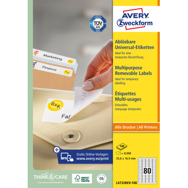 AVERY ZWECKFORM Étiquett.univers. 35,6x16,9mm L4732REV-100 blanc,non-perm. 8000p./100fl.