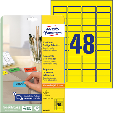 AVERY ZWECKFORM Étiquettes 45,7x21,2mm L6041-20 jaune 960pcs./20fl.