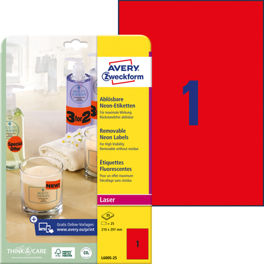 AVERY ZWECKFORM Etiketten 210x297mm L6005-25 rot,non-perm. 25 Stk./25 Bl.