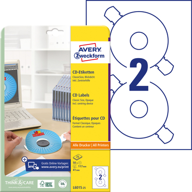 AVERY ZWECKFORM Etiquettes CD 117mm L6015-25 Universel, blanc 25flls./2pcs.
