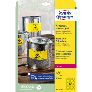 AVERY ZWECKFORM Typenschild Labels 30mm L612820 gelb, rund 960 Stück/20 Blatt