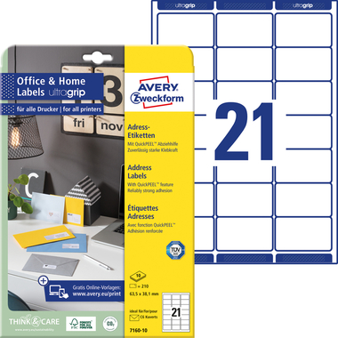 AVERY ZWECKFORM Etiquettes 38.1x63.5mm 7160-10 blanc, perm. 10 flls./21 pcs.