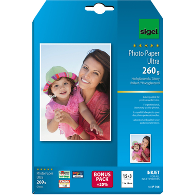 SIGEL InkJet Fotopapier 13x18cm IP706 260g,glossy, weiss 18 Blatt