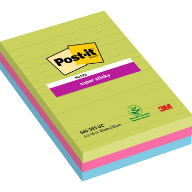 POST-IT Block Super Sticky 102x152mm 660-3SSUC 3-farbig ass.,3x90Bl.,liniert