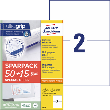 AVERY ZWECKFORM Universal-Etiketten 210x148mm 6604 weiss 130 Stk./65 Blatt