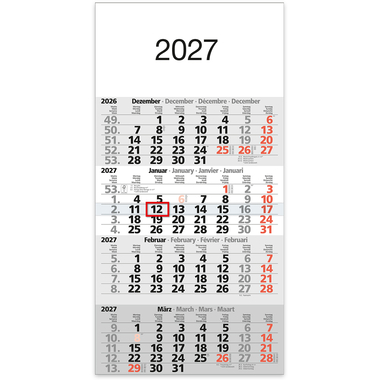 BÜHNER Calendrier de 4 mois 2027 M4MF-R-BLOCK ML 30x59cm