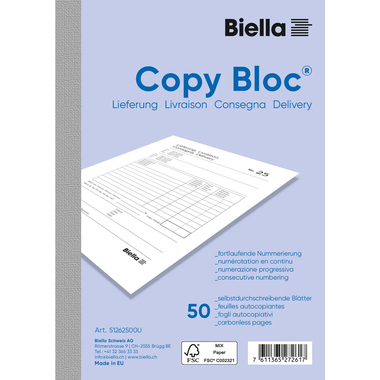 BIELLA Bul.livr. COPY-BLOC D/F/I/E A6 51262500U autocopiante 50x2 feuilles