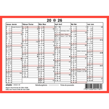 SIMPLEX Calendario a muro 2026 4032240.26 6M/1P rosso/bianco TE/FR A6