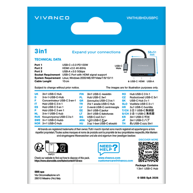 Hub USB-C 3 en 1 HDMI/USB-C/USB-A Thunderbolt 3 | Vivanco
