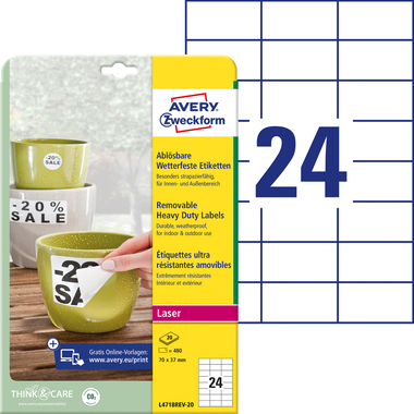 AVERY ZWECKFORM Etiketten Laser 70x37mm L4718REV2 weiss,wetterfest,ablösbar 20B.