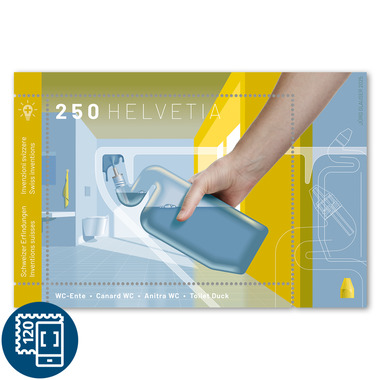 Briefmarke CHF 2.50 «Schweizer Erfindungen - WC-Ente», Sonderblock Sonderblock «Schweizer Erfindungen - WC-Ente», gummiert, ungestempelt