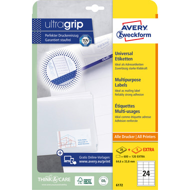 AVERY ZWECKFORM Universaletiketten 64,6x33,8mm 6172 weiss 720 Stk./25 + 5 Blatt