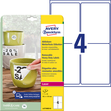 AVERY ZWECKFORM Etiquettes Laser 99,1x139mm L4774REV8 blanc,imperméable redec. 8 f.