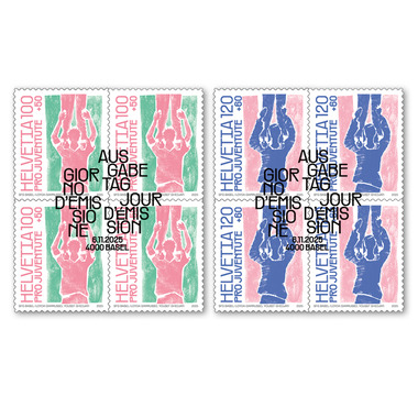 Set of blocks of four «Pro Juventute – Supporting one another» Set of blocks of four (8 stamps, postage value CHF 8.80+4.40), self-adhesive, cancelled