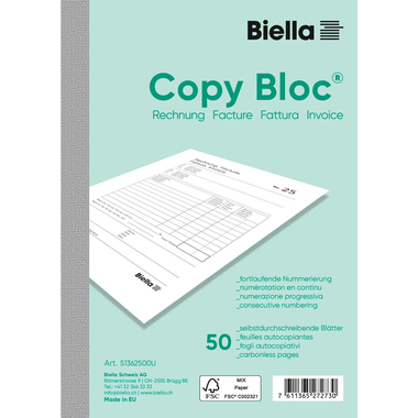 BIELLA Fattura COPY-BLOC T/F A6 51362500U autocopiativo 50x2 fogli