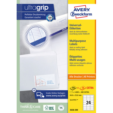 AVERY ZWECKFORM Etiketten 64,6x33,8mm 3658-200 weiss 5280 Stk./200+20 Blatt