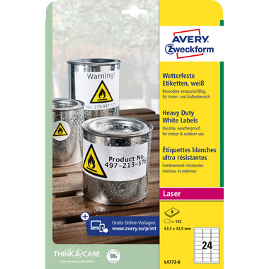 AVERY ZWECKFORM Etiketten Laser 63,5x33,9mm L47738 weiss, wetterfest 8 Blatt