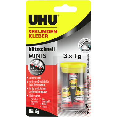 UHU Sekundenkleber 51635 flüssig, MINIS 3 x 1g