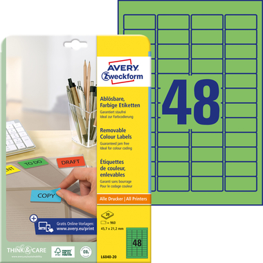 AVERY ZWECKFORM Etichette 45,7x21,2mm L6040-20 verde 960/20fl.