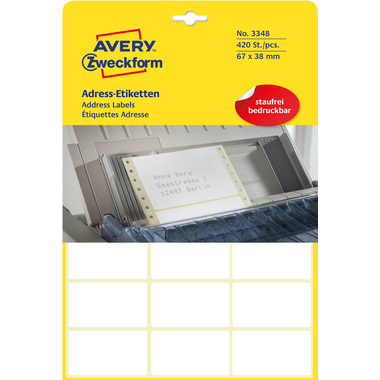 AVERY ZWECKFORM Etichette p.indirizzi 67x38mm 3348 bianco, permanente 20f./21pz.