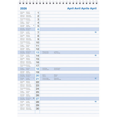 BIELLA Wandkalender Block Nr.11 2026 889011000026U 1M/1S Wire-O ML 21x29.7cm