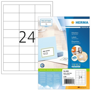 HERMA Universal-Etikett. 64,6x33,8mm 4262 weiss 2400 St./100 Blatt