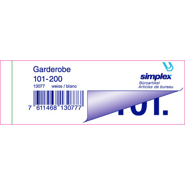 SIMPLEX Garderobenblock Nr. 101-200 13077 weiss 100 Blatt