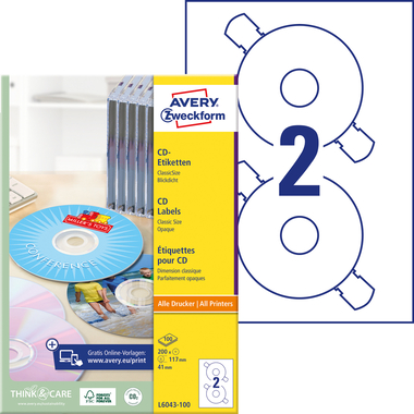 AVERY ZWECKFORM Etiquettes CD Classic 117mm L6043-100 ILK A4, blanc 100fl./2pc.