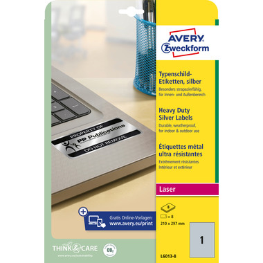 AVERY ZWECKFORM Typenschild-Labelst. 210x297mm L6013-8 silber 8 Stück/8 Blatt