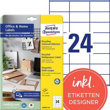 AVERY ZWECKFORM Etichette 36x70mm LR3475-10 bianco, perm. 10 fogli/24 pz.