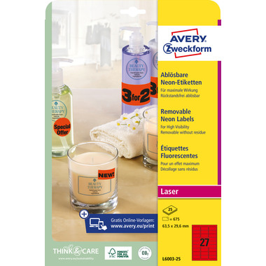 AVERY ZWECKFORM Etiketten 63,5x29,6mm L6003-25 rot,non-perm. 675 Stk./25 Bl.