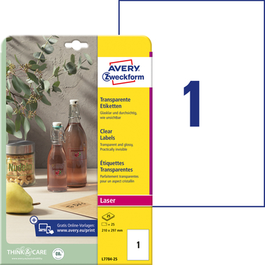 AVERY ZWECKFORM Etiketten 210x297mm L7784-25 transparent 25 Stück