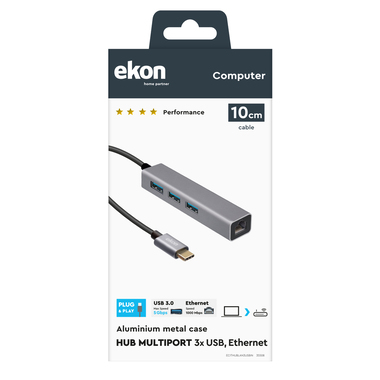 Multi-Port-HUB mit USB-C-Kabel und RJ45-Ethernet-Anschluss | Ekon