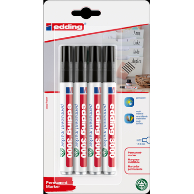 EDDING Marqeur permanent 3000 1.5-3mm 4-3000-4-100 noir, imperméable 4 pièces