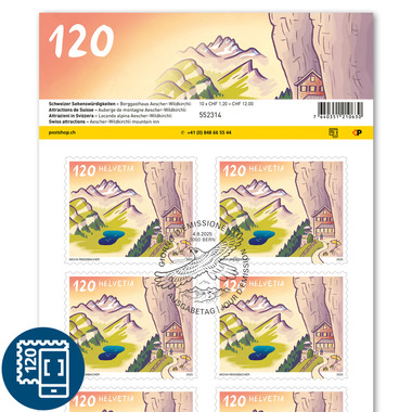 Briefmarken CHF 1.20 «Berggasthaus Aescher-Wildkirchli», Bogen mit 10 Marken Bogen «Schweizer Sehenswürdigkeiten», selbstklebend, gestempelt