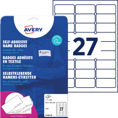 AVERY ZWECKFORM Etiquettes badges 63.5x29.6mm L4784-20 Laser, blanc 20flls./27pcs.