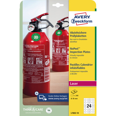 AVERY ZWECKFORM Prüfplaketten 30mm L7802-10 weiss, non-perm. 10 Bl.240Stk.