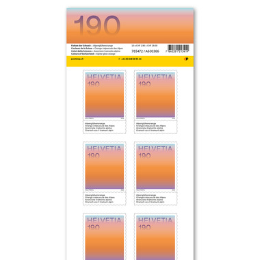 Briefmarken CHF 1.90 «Alpenglühenorange», Bogen mit 10 Marken Bogen «Farben der Schweiz», selbstklebend, ungestempelt