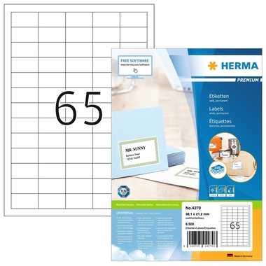 HERMA Universal-Etikett. 38,1x21,2mm 4270 weiss 6500 St./100 Blatt