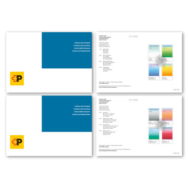 Folder / Foglio da collezione «Colori della Svizzera» Serie (8 francobolli, valore facciale CHF 12.20) in 2 folder/fogli da collezione, con annullo