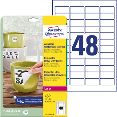 AVERY ZWECKFORM Etiquettes Laser 45,7x21,2mm L4778REV8 blanc,imperméable redec. 8 f.