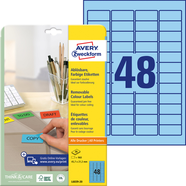 AVERY ZWECKFORM Étiquettes 45,7x21,2mm L6039-20 bleu 960pcs./20fl.