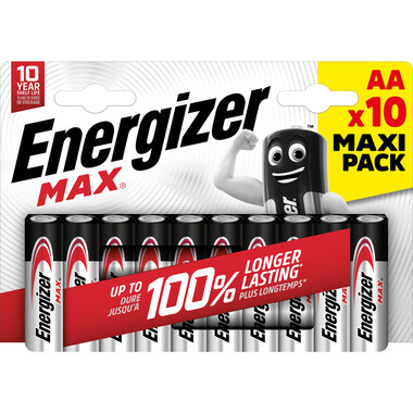Pile Energizer Max Mignon (AA), 10 pcs Pack de 10 piles alcalines&nbsp;AA&nbsp;Energizer&nbsp;Max