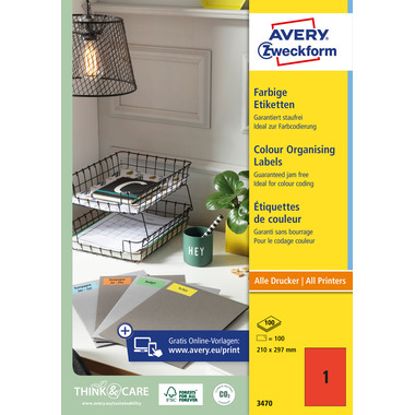AVERY ZWECKFORM Etiketten A4 3470 rot 100 Stück