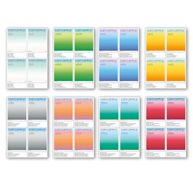 Viererblock-Serie «Farben der Schweiz» Viererblock-Serie (32 Marken, Taxwert CHF 48.800), selbstklebend, ungestempelt