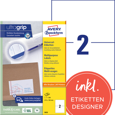 AVERY ZWECKFORM Etiquettes 210x148mm 3655 blanc 200 pcs./100 flls.